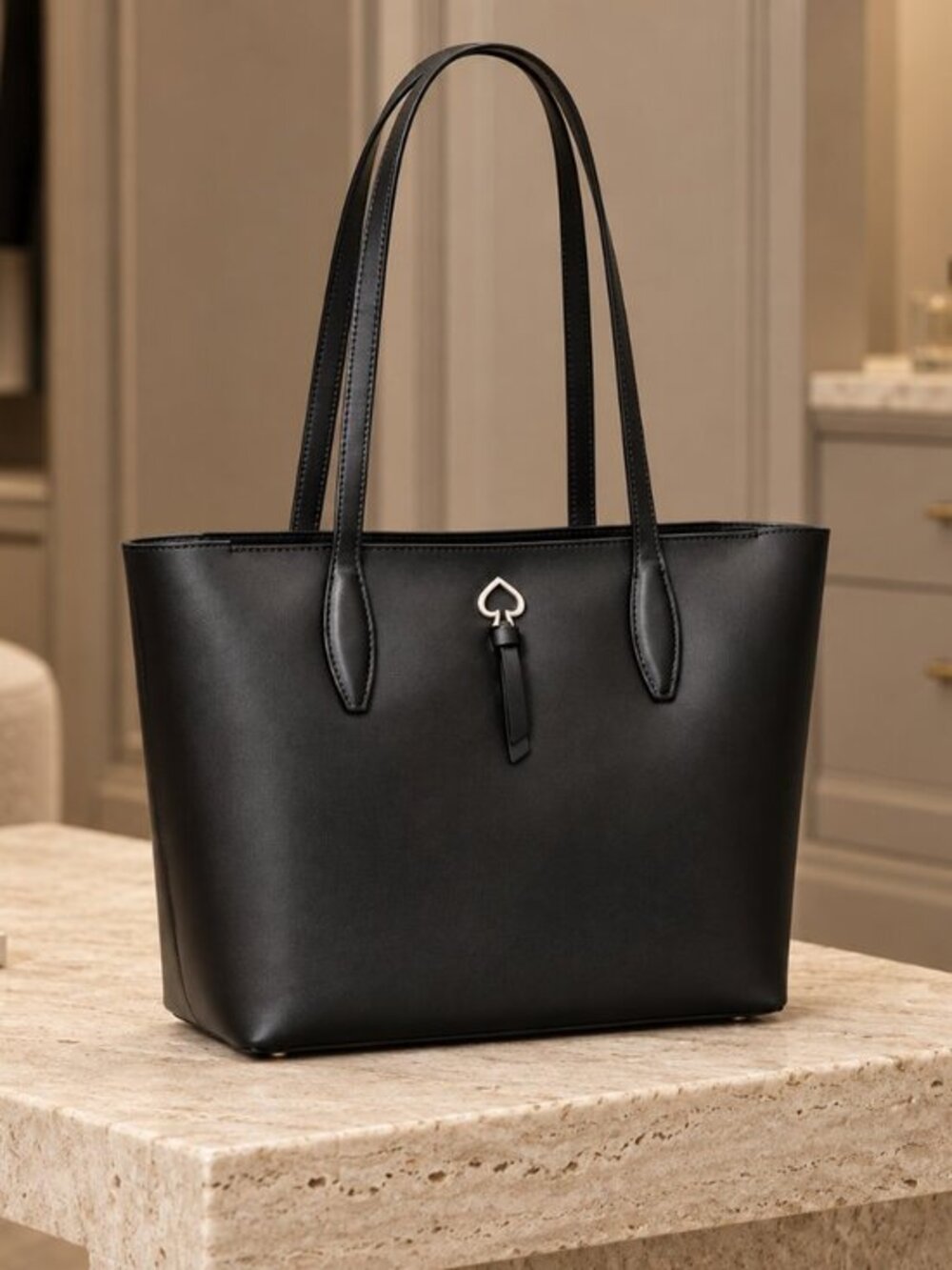 Kate Spade Black Refined Grain Leather Spade Logo Tote Bag NWT